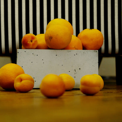 Betonschale BLOCK, gefüllt mit Orangen und Aprikosen for einem schwarz-weiss gestreiften Hintergrundstoff